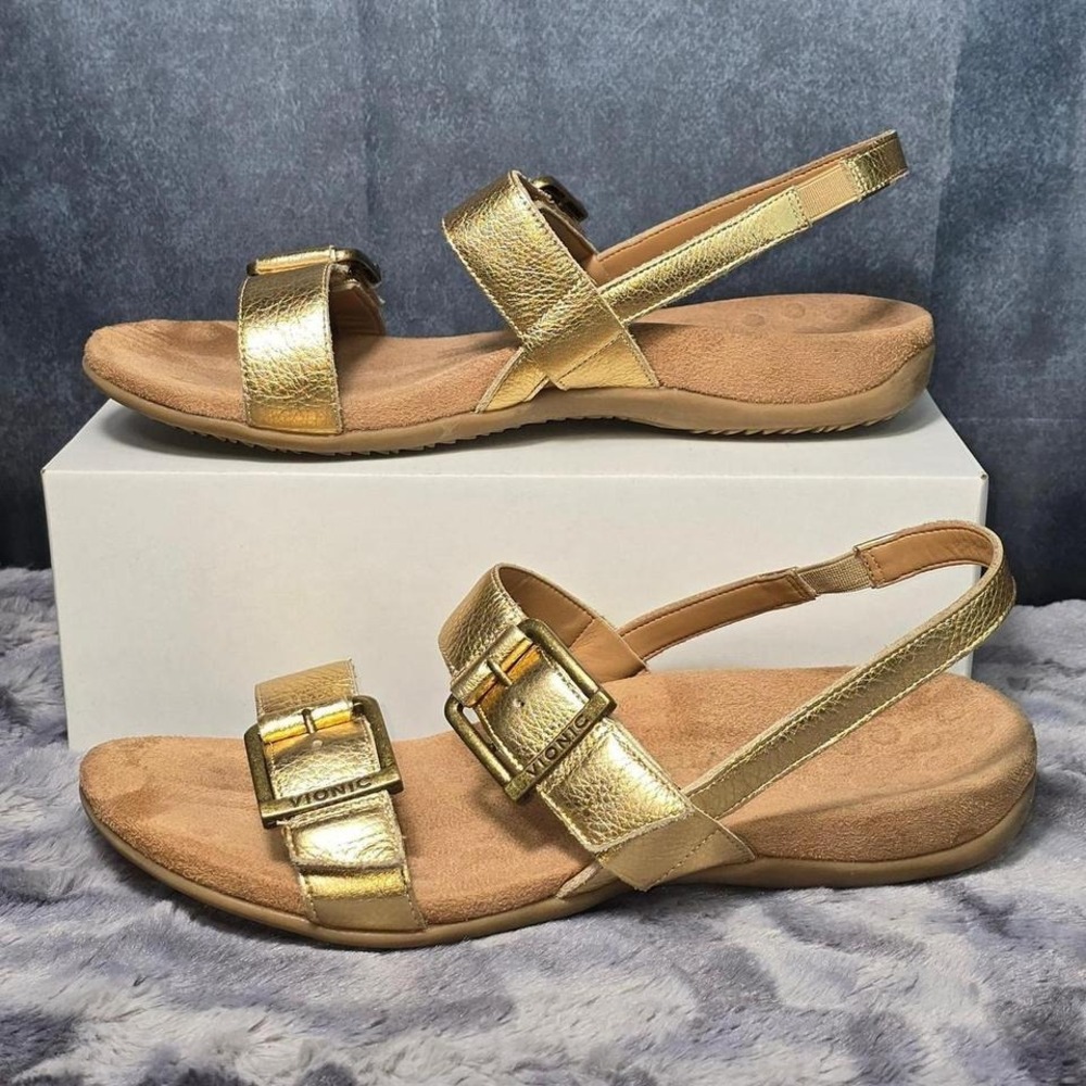 Vionic Reese Sandals Gold Metallic Leather adjustable closure Slingback 12 wide